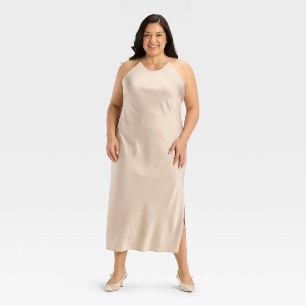 Women's Satin Halter Maxi Slip Dress - A New Day Tan 2X